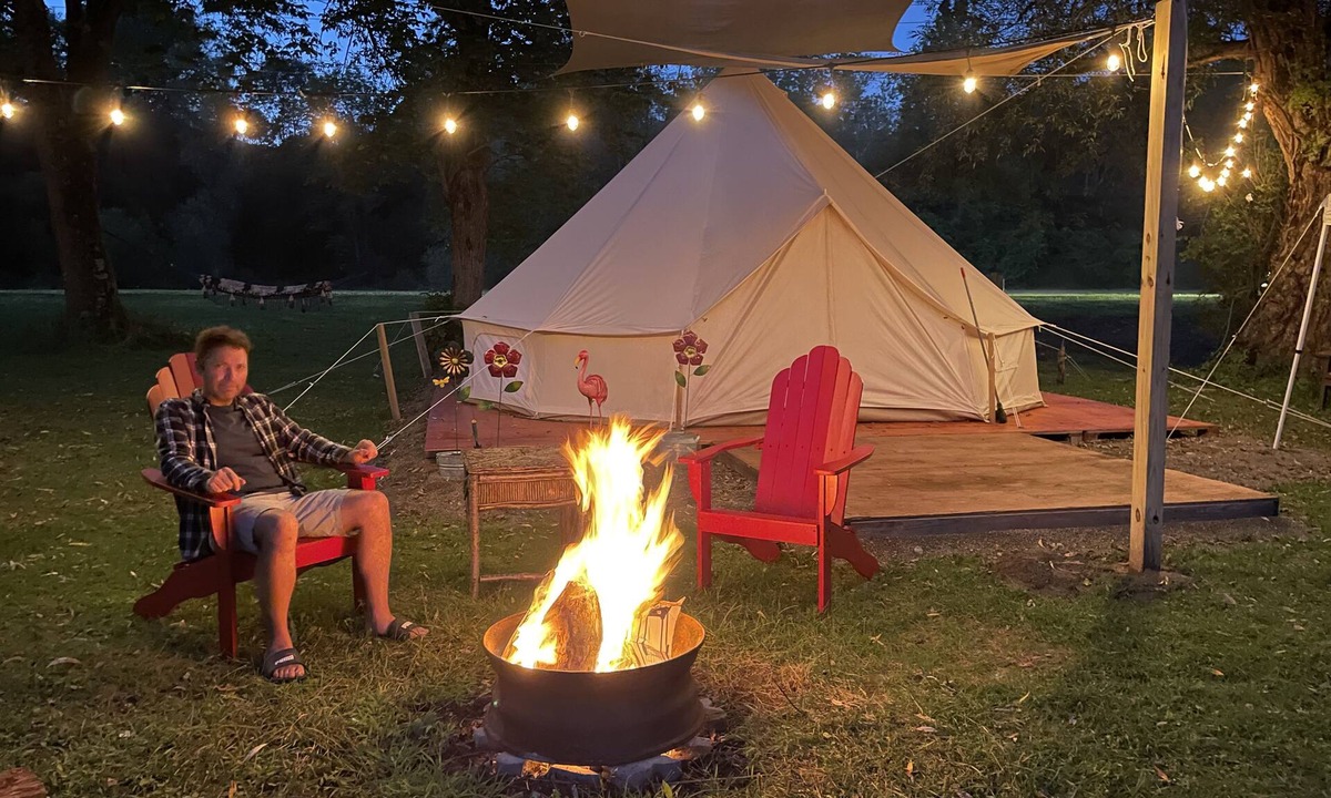 Black Creek RV Rental | Luxurious Bell Tent Near Allegany State Park Fire Pit Creekside Glamping