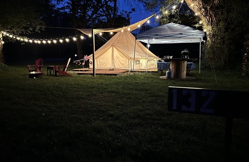 Black Creek RV Rental | Luxurious Bell Tent Near Allegany State Park Fire Pit Creekside Glamping