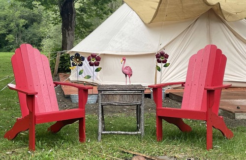 Black Creek RV Rental | Luxurious Bell Tent Near Allegany State Park Fire Pit Creekside Glamping