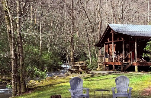 Robbinsville Cabin | Private Creekside Cabin Waterfall Hot Tub Lake Access