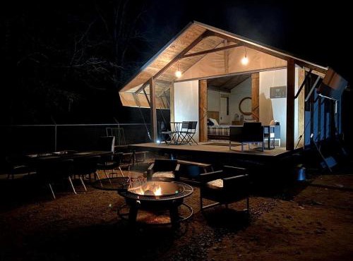 Beautiful Lakefront Glamping Cabin with Fire Pit and Lake Views near Austin, Texas