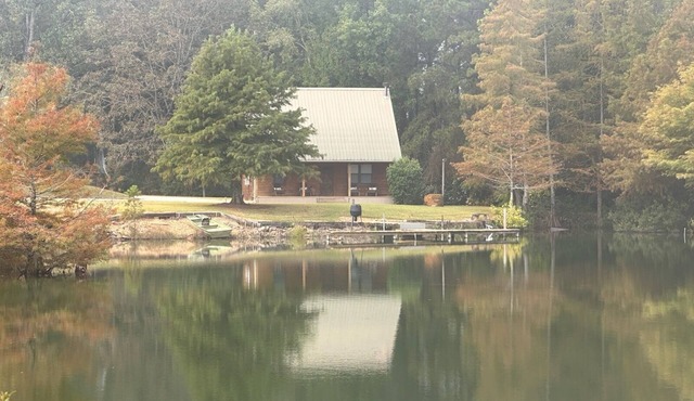 Cozy Cabin setting behind a 1 1/2 acre pond that is lined with Cypress Trees.