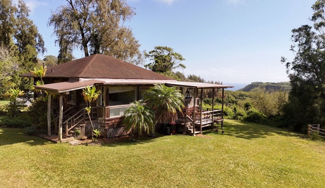 Rustic retreat with panoramic views, tropical gardens, & biodynamic produce!